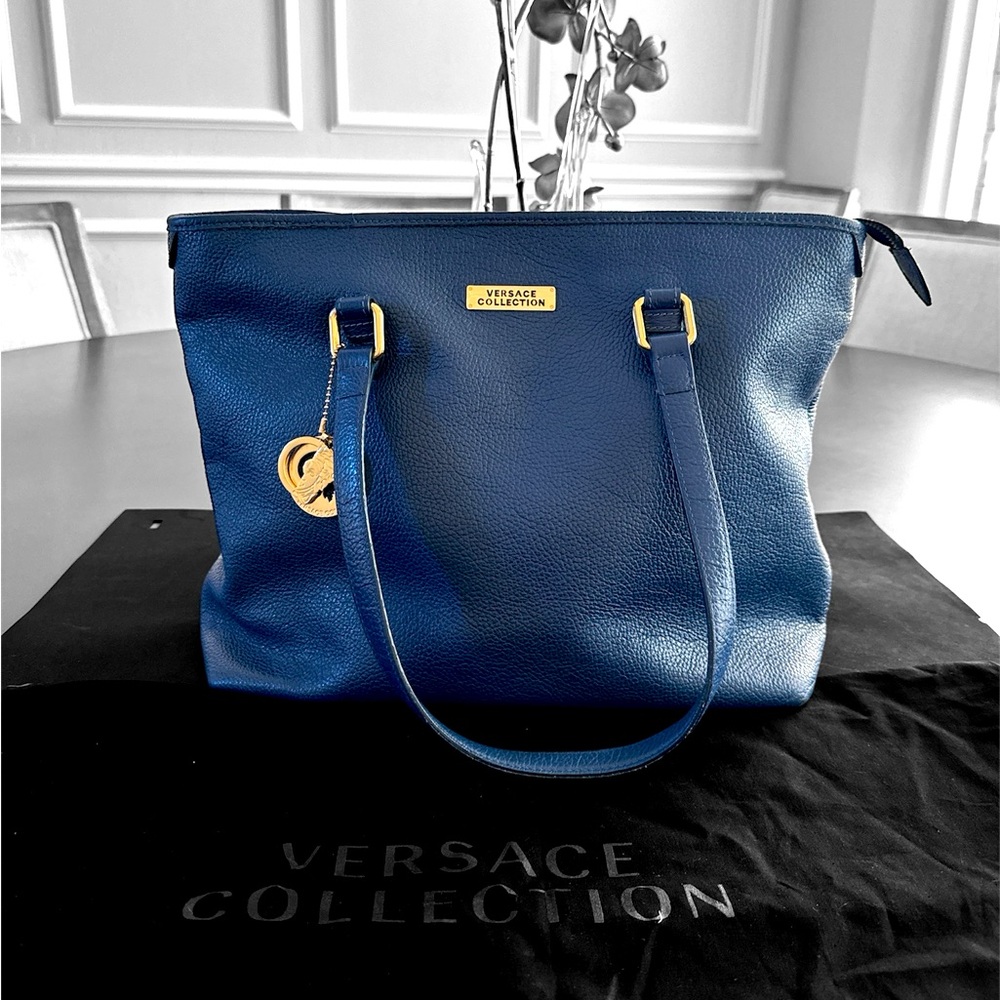 Versace Collection Shoulder Bag, gently used
Blue Leather, Gold-Tone Hardware